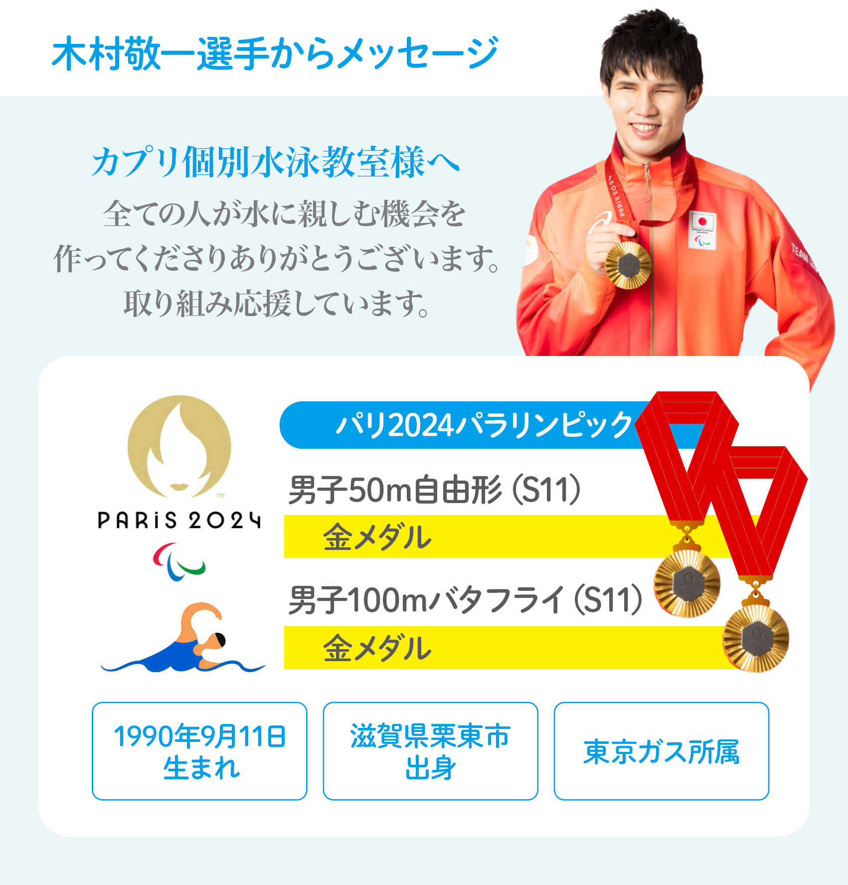 木村敬一選手からメッセージ カプリ個別水泳教室様へ 全ての人が水に親しむ機会を作ってくださりありがとうございます。取り組み応援しています。